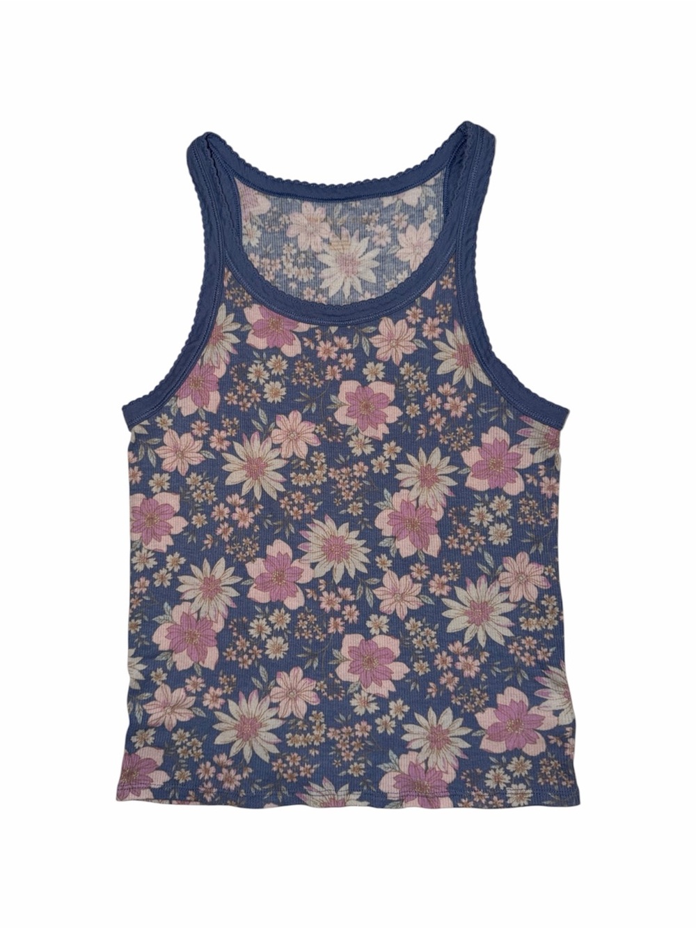 American Eagle Floral Blue and Pink Ribbed Tank Top